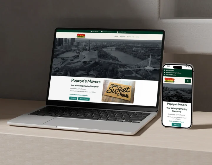 Website design and administration for moving company, showcasing responsive site on laptop and phone, Winnipeg marketing agency.